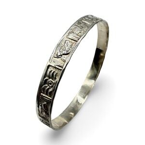 Vintage Mexican Sterling Silver 925 Bangle Bracelet Aztec Mayan Repousse 8.5in